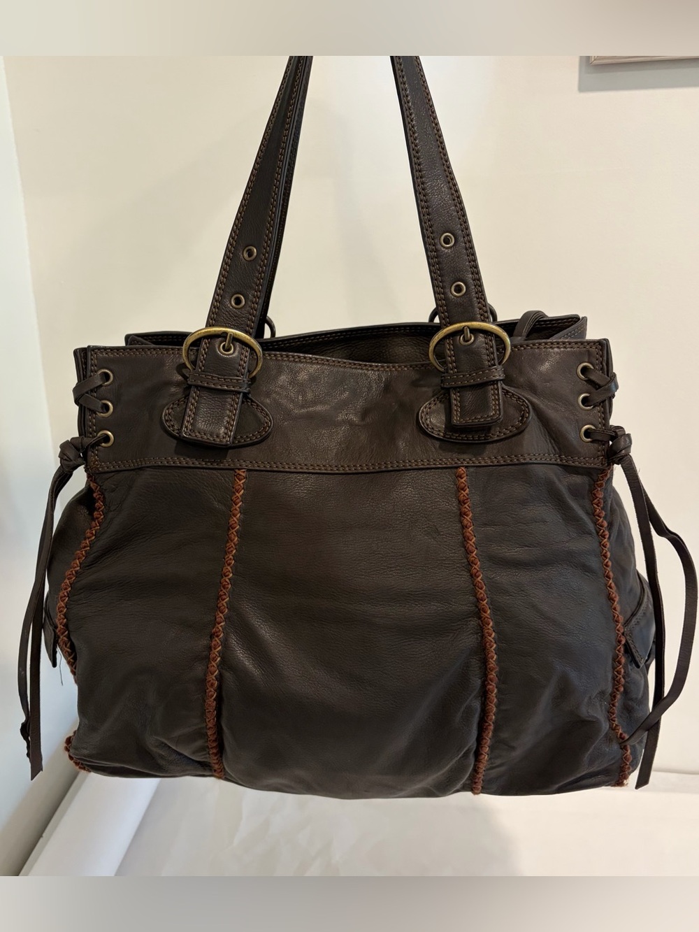 Nicoli Brown italian Leather oversized hobo fringe purse handbag shoulder bag - Picture 6 of 13